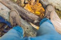 Feet trekking boots hiking Traveler alone outdoor wild nature Li Royalty Free Stock Photo