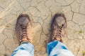 Feet trekking boots hiking Traveler alone outdoor wild nature Li Royalty Free Stock Photo