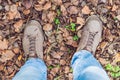 Feet trekking boots hiking Traveler alone outdoor wild nature Li Royalty Free Stock Photo