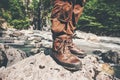 Feet trekking boots hiking Traveler alone outdoor