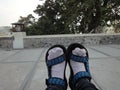 feet wearing white socks and blue black sandals Royalty Free Stock Photo