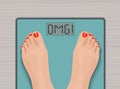 Feet on weighing scales. top view. Health concept.