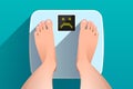 Feet of woman standing on bathroom scales with unhappy face on display Royalty Free Stock Photo