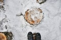 Feet on a wooden chock in the winter forest Royalty Free Stock Photo