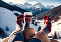 Feet in woollen socks by the Alps mountains view