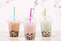 Fefreshing iced milky bubble tea with tapioca pearls in plastic Royalty Free Stock Photo
