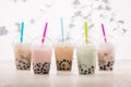 Fefreshing iced milky bubble tea with tapioca pearls in plastic Royalty Free Stock Photo