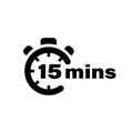 Fefteen minute vector icon. Time left symbol isolated. Stopwatch black sign. Vector EPS 10