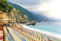 Fegina beach at Monterosso - Village of Cinque Terre National Park at Coast of Italy. Province of La Spezia, Liguria, in the north