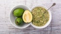 Feijoa and feijoa jam closeup