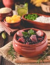 Feijoada bean stew - Brazilian Traditional Food Dry Beef, Cabbage, Orange, Rice, Beans