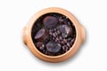 Feijoada. Traditional Brazilian food. White background. Top view. Copy space