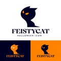 Feisty cat icon. Black cat with yellow eyes. Animal mascot flat illustration. Halloween icon.