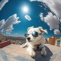 A feisty Dog wearing fashion glasses relaxes in the sun. on the city center\'s roof, Generative Ai