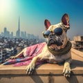 A feisty Dog wearing fashion glasses relaxes in the sun. on the city center\'s roof, Generative Ai