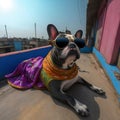 A feisty Dog wearing fashion glasses relaxes in the sun. on the city center\'s roof, Generative Ai