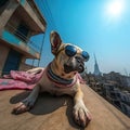 A feisty Dog wearing fashion glasses relaxes in the sun. on the city center\'s roof, Generative Ai