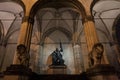 Feldherrnhalle monument with its typical lion statues at night in Munich, Germany.