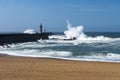 Felgueiras Lighthouse, Foz do Douro, Porto, view from the side, with beach Royalty Free Stock Photo