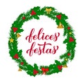 Felices Fiestas calligraphy hand lettering with wreath of fir tree branches. Happy Holidays in Spanish. Christmas and