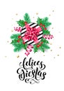 Felices Fiestas Spanish Happy Holidays calligraphy hand drawn text for greeting card background template. Vector Christmas tree ho Royalty Free Stock Photo