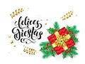 Felices Fiestas Spanish Happy Holidays calligraphy hand drawn text for greeting card background template. Vector Christmas tree ho Royalty Free Stock Photo