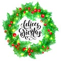 Felices Fiestas Spanish Happy Holidays hand drawn calligraphy and holly wreath decoration with golden lights garland frame for hol Royalty Free Stock Photo