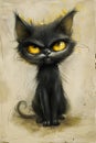 A black Felidae with yellow eyes, whiskers, and tail is sitting on a paper