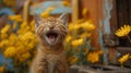 Felidae cat with whiskers and fang roams plantfilled field with mouth open Royalty Free Stock Photo