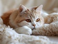 Felidae carnivore cat lays on fawn fluffy blanket, enjoying comfort on bed