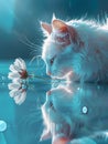 Felidae carnivore cat with whiskers sniffing an azure flower in water