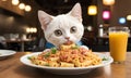 A Felidae carnivore enjoys eating food from a plate at a restaurant