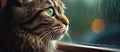 Felidae cat gazes out window on rainy day, whiskers twitching with curiosity Royalty Free Stock Photo