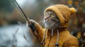 Felidae cat in hat and jacket, holding fishing rod