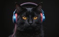 Felidae Cat with headphones in darkness, listening with its sensitive ears