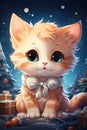 Felidae Cat with orange and white fur sits by Christmas tree, playing with toys