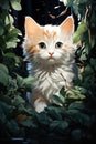 Felidae Cat with orange and white fur sitting in bush, gazing at camera