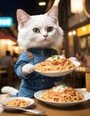 A Felidae cat is serving al dente spaghetti on two plates Royalty Free Stock Photo