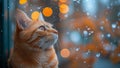 Felidae cat with whiskers looking out of window at rain