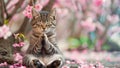 Felidae cat with whiskers sitting under tree with pink flowers