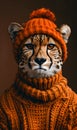 A Felidae with stripes resembling a Bengal tiger dons an orange hat and sweater