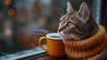 A Felidae in a sweater sits beside a coffee cup, gazing out the window Royalty Free Stock Photo