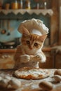 Felidae in a chefs hat making a pizza with cat supplies