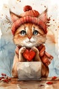 Felidae wearing a hat and scarf holds a heart and a laptop Royalty Free Stock Photo