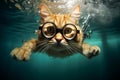 Feline Aquatics: A Cat in Glasses Takes the Plunge Underwater. Generative By Ai