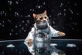 feline astronaut floating in weightless environment, with view of starry sky visible in the background