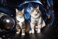 feline and canine astronaut explorers in space shuttle, floating among starry expanse