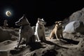 feline and canine astronauts on the moon, surrounded by lunar surface