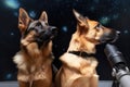 feline and canine astronauts observing nebula with their space telescopes