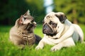 Feline and canine: cat and dog pug on the lawn